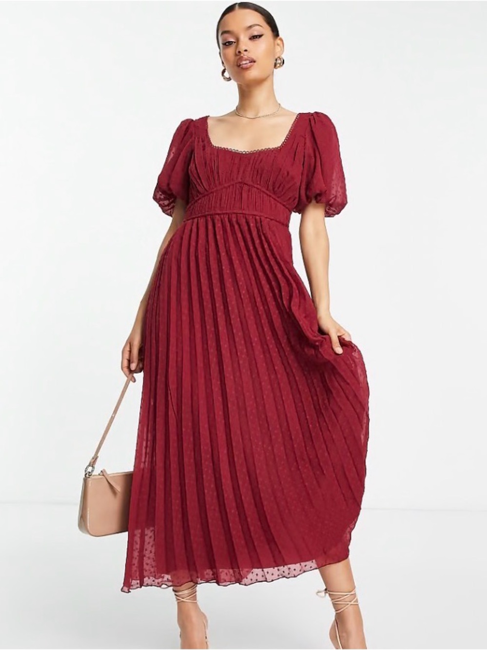 NWOT ASOS Petite Burgundy Peasant Pleated Puff-Sleeve Maxi Gown Dress Clip-Dot 6